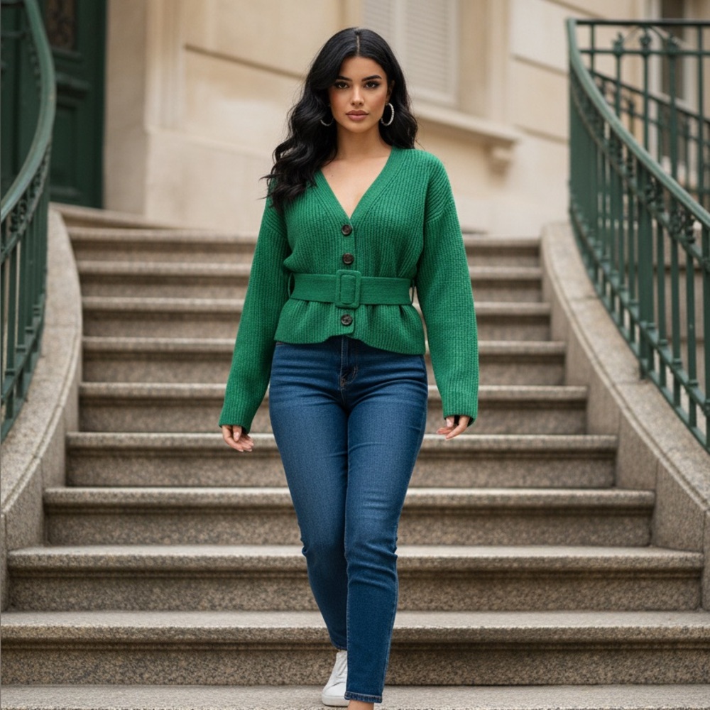 Beautifully Green V-Neck Belted Sweater size large